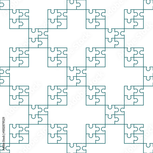 Four connected Jigsaw Puzzle Pieces vector outline seamless pattern