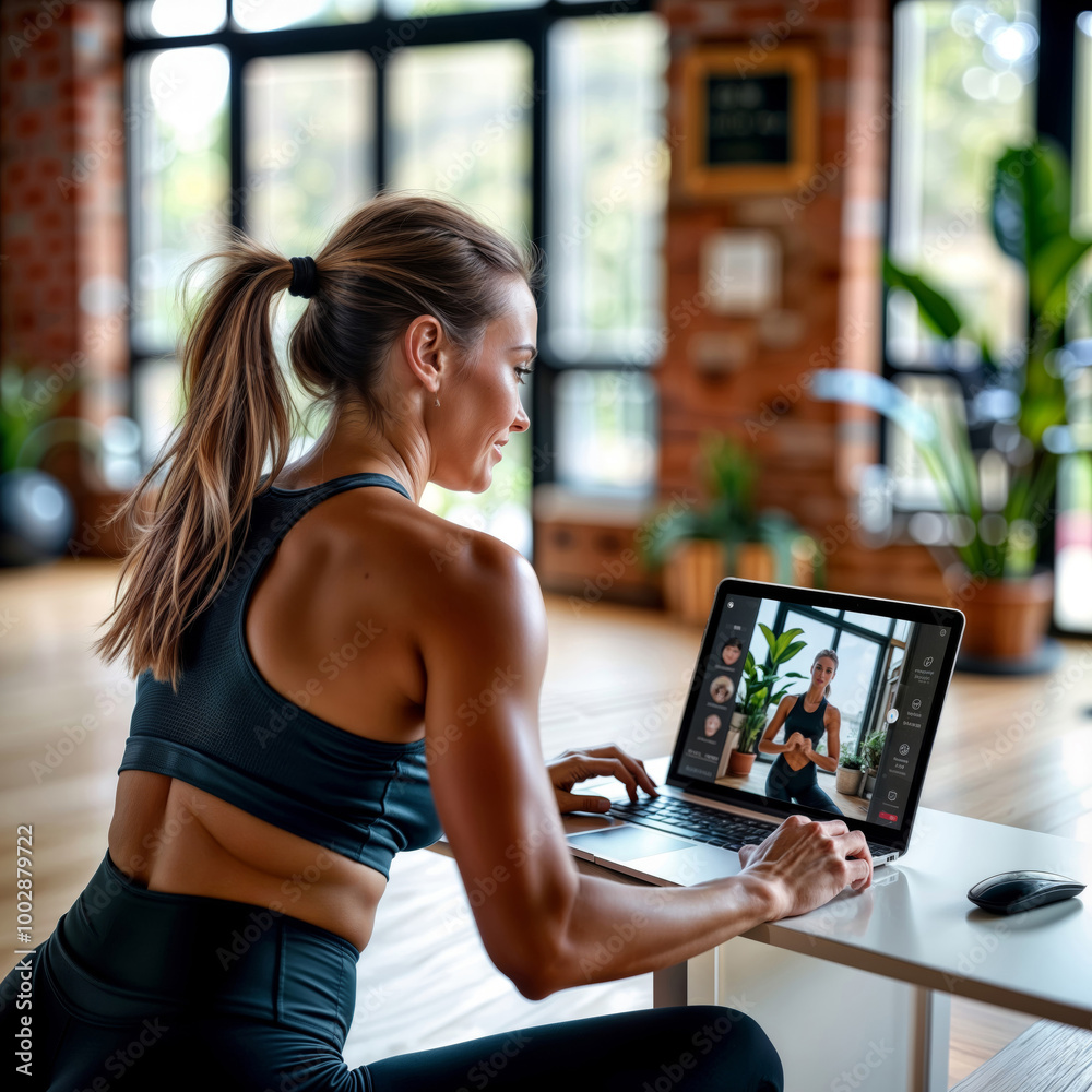 Virtual Fitness Class. Woman in activewear participates in online workout session using laptop in spacious studio-like room.