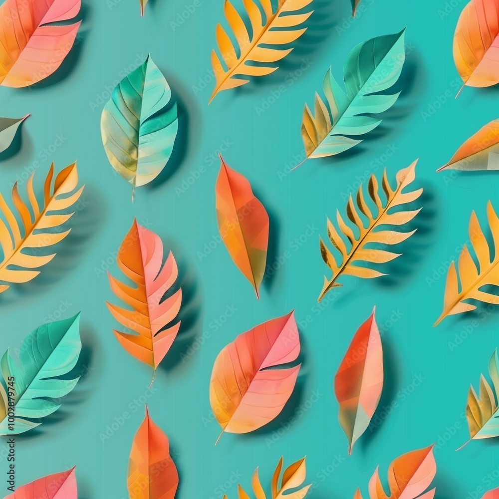 A colorful pattern of leaves is spread across a blue background