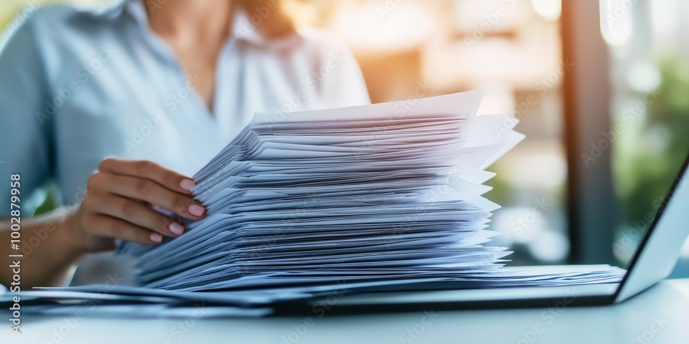 Close-up of a businesswoman’s hands sorting through a tall stack of ...