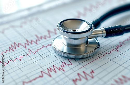  Stethoscope and medical chart on a white background, closeup view. Man's health concept with heart pulse lines.