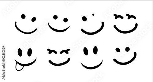 Happy Doodle Smile Isolated on Background. Simple Faces. Vector