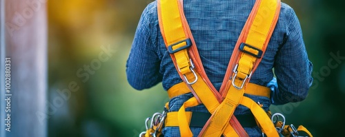 Worker in Safety Harness Performing Closeup Task photo