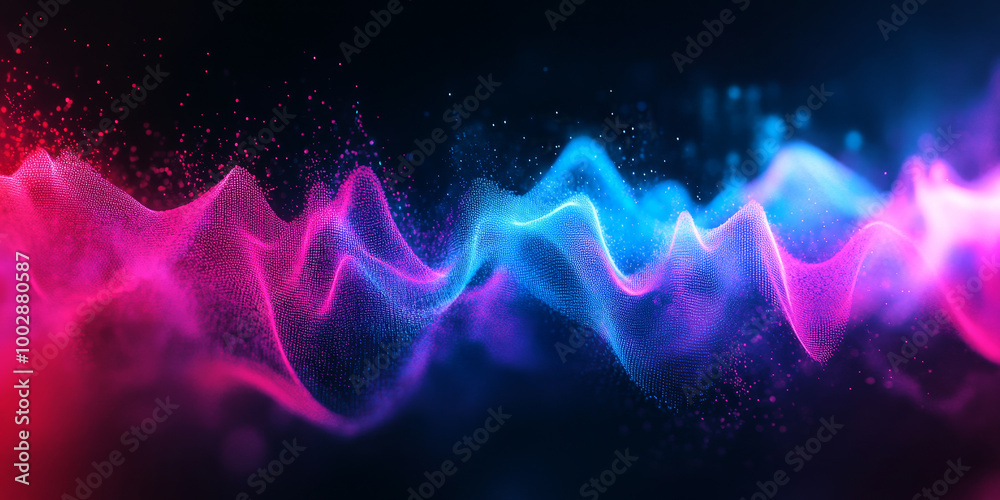 Obraz premium Vibrant neon sound waves in blue and pink reflecting dynamic audio against a black backdrop