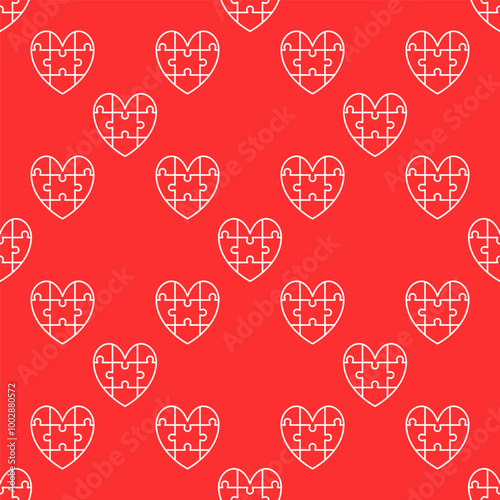 Heart of Jigsaw Puzzle Pieces vector linear seamless pattern
