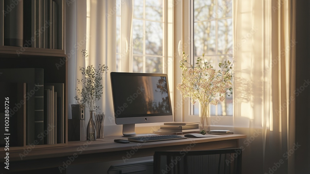 Modern home office desk with a computer, books, and a small vase with fresh plants. A tall window in front allows sunlight to fill the room. Modern home office desk with a computer, books, and a small vase with fresh plants. A tall window in front allows sunlight to fill the room.