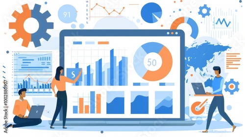 A team of people working on a large screen displaying data graphs and charts.