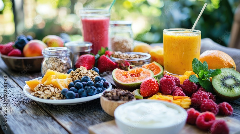 Casual photo of a healthy breakfast spread on a beautiful, rustic wooden table made of solid wood. The breakfast includes items like fresh fruits, yogurt Casual photo of a healthy breakfast spread on a beautiful, rustic wooden table made of solid wood. The breakfast includes items like fresh fruits, yogurt