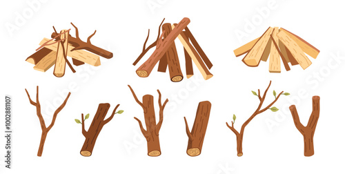 Logging twigs and wooden branches with leaves, isolated set of wood elements collection. Vector construction of chopped firewood for making fire. Lumber logs, tree trunk and planks material