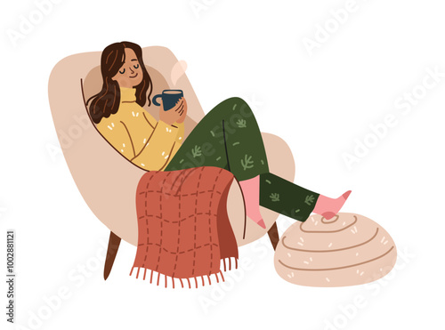 Happy woman holding glass mug with hot drink cartoon, winter landscape outside. Vector isolated girl sitting in armchair, cozy winter rest at home. Female drinking tea or coffee by window