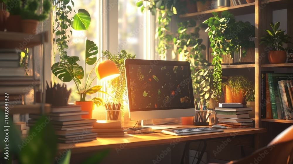 Organized workspace with a computer, a stack of books, a glowing lamp, and vibrant green plants. Sunlight enters softly through the front window. Organized workspace with a computer, a stack of books, a glowing lamp, and vibrant green plants. Sunlight enters softly through the front window.