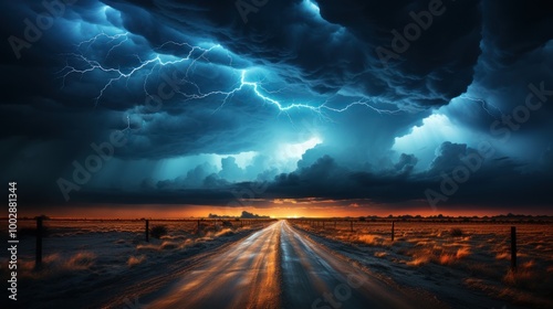 A dramatic landscape featuring a dark sky filled with lightning above an empty road at twilight