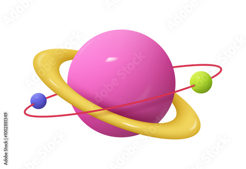 Saturn, Jupiter, Uranus, Neptune 3d icon. Planet with ring around and orbiting mini planets, fantasy globe. Vector illustration of cartoon minimal kids toy of solar system sphere