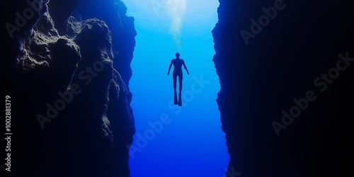 A free diver exploring the deep blue waters between towering rock formations, symbolizing adventure, freedom, and the beauty of underwater exploration in the vast ocean, Generative Ai photo