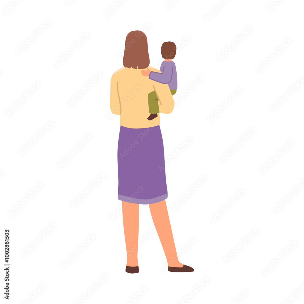 Women with kid, isolated mother holding son on hands. Vector female cartoon character with child in casual clothes watching fireworks or celebration actions for town holiday, back view. Women with kid, isolated mother holding son on hands. Vector female cartoon character with child in casual clothes watching fireworks or celebration actions for town holiday, back view.