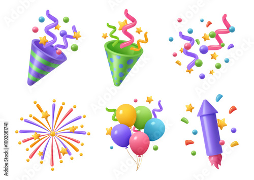 Clapper and confetti, popper for celebration or party events. Vector isolated set of 3d icons, burst of ribbons, surprise congratulation, serpentine decoration for posters or invitations