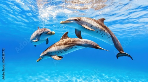 Three Dolphins Swimming in Clear Ocean Water