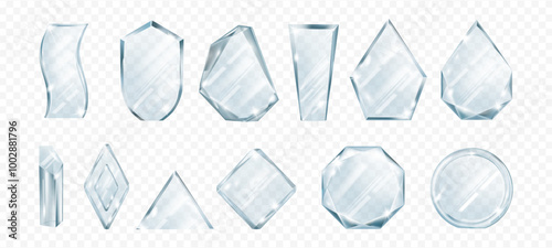 Plexiglass award for winner of competition. Vector isolated set of realistic trophies with copy space and clear transparent glossy base. Achievement at work, recognition for office employees