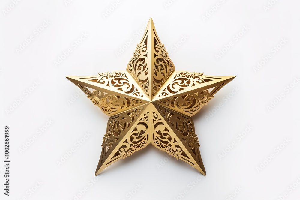 Obraz premium Golden Christmas Star isolated on white Background. Top View Close-Up Gold Star render