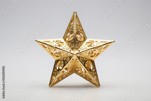 Golden Christmas Star isolated on white Background. Top View Close-Up Gold Star render