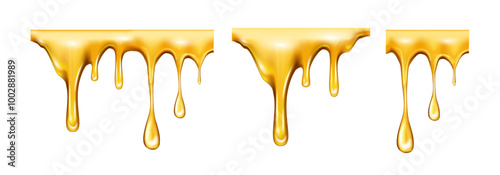Sweet nectar from flowers blossom dripping, isolated realistic honey liquid with drops. Vector organic and natural production, beekeeping and apiary, apiculture and high quality product