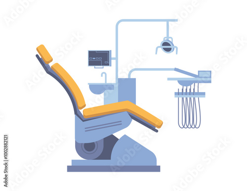 Dentist armchair for patient, isolated chair with lamp, special tools and computer screen. Vector furniture and equipment for medical specialist, clinic office objects. Interior design of dental