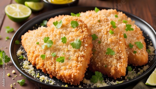 Crispy chicken cutlets with parmesan crust on black plate, garnished with mustard and lime, presented on rustic wooden tabletop in close-up vertical view