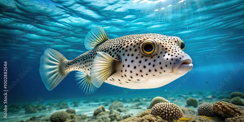 A white spotted puffer fish swimming in clear ocean waters A white spotted puffer fish swimming in clear ocean waters