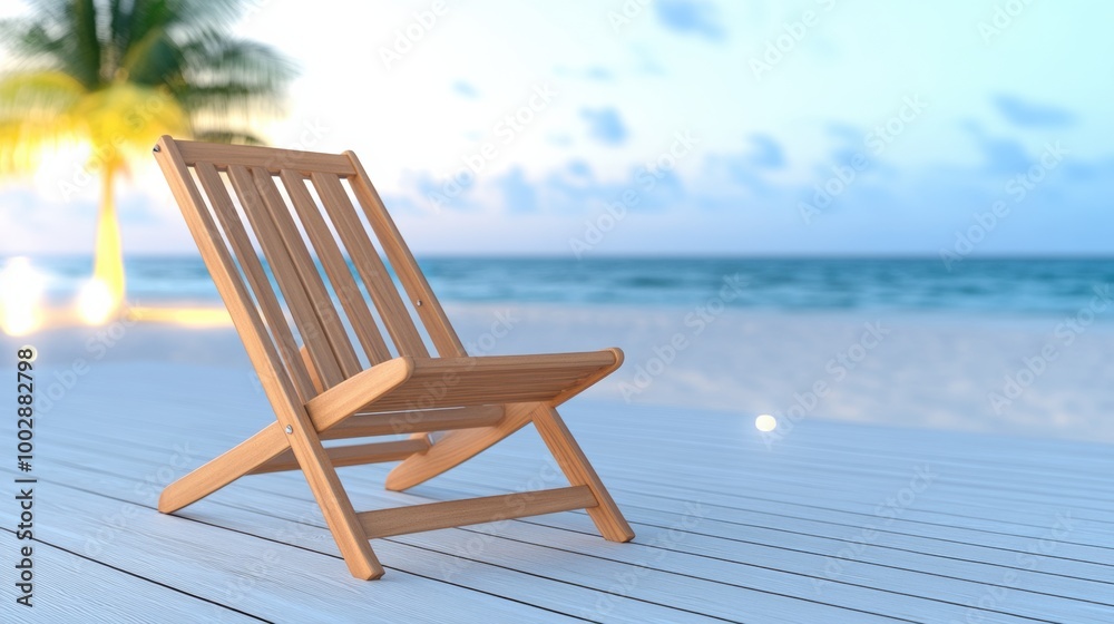 Wooden Chair on Beach with Ocean Background Wooden Chair on Beach with Ocean Background