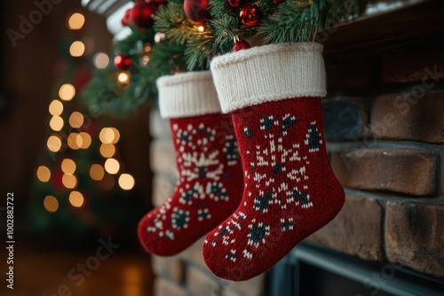 Two knitted Christmas stockings dangle from a fireplace, surrounded by holiday cheer photo