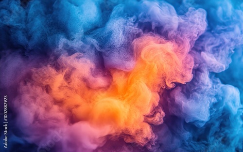 Swirling smoke forms a mesmerizing blend of blue, purple, and orange colors