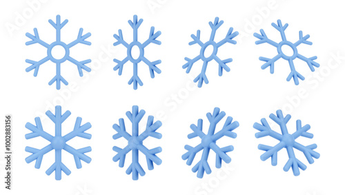 Winter snowflakes with unique design. Vector isolated 3d icon, snowy decoration for xmas or new year cards, postcards or invitations. Ornament for wintertime seasonal adornment, different positions