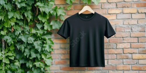 Black T shirt mockup hanging in brick wall and ivy growing up the wall