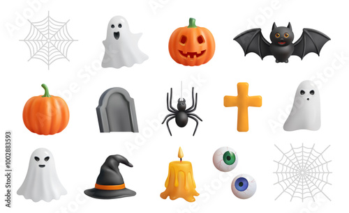 Graveyard tombstone and cross, spider and cobweb, ghost and pumpkin, witch hat and melting wax on candle, cookies eyes. Vector in 3d style, Halloween themed decoration for party or postcard photo