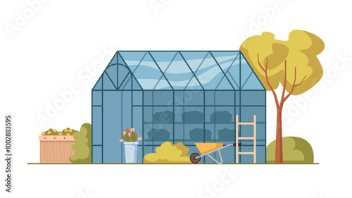 Growing flowers and vegetables in greenhouse. Vector isolated hothouse made of glass for sunlight to reach plants. Houseplants in pots, ladder and wheelbarrow for gardening chores and work