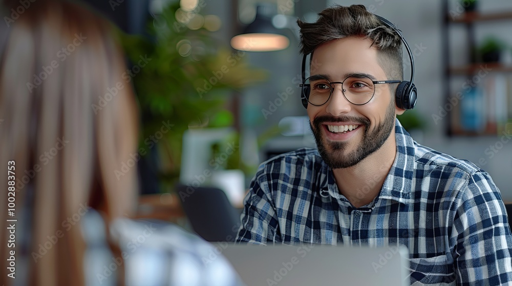 cheerful man in a headset smiles at a woman during a virtual meeting in a modern office setting. cheerful man in a headset smiles at a woman during a virtual meeting in a modern office setting.