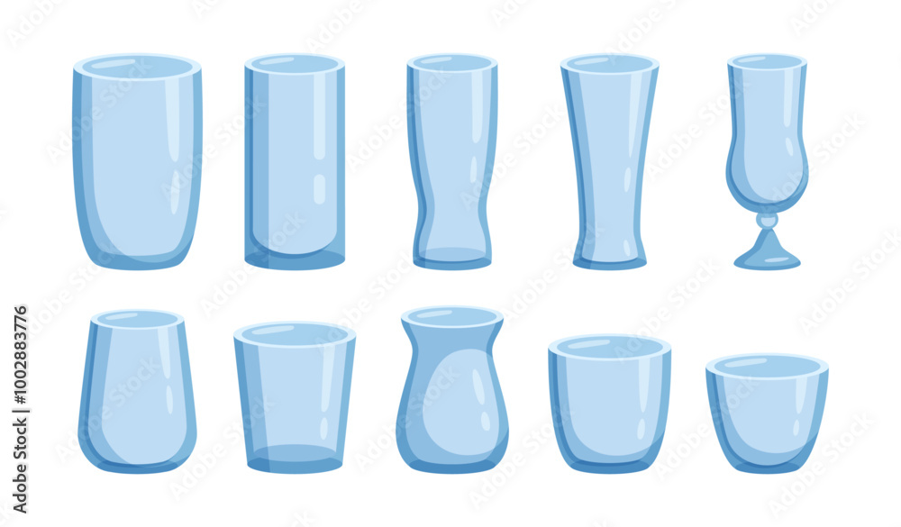 Empty cup glasses for cocktails and alcohol, coffee or tea. Vector isolated set of flat cartoon style glassware, blank drinkware for beverages in cafe, restaurant or home. Classic shiny dishware Empty cup glasses for cocktails and alcohol, coffee or tea. Vector isolated set of flat cartoon style glassware, blank drinkware for beverages in cafe, restaurant or home. Classic shiny dishware