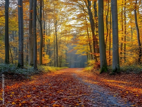 Bright landscape of a road across auttumn forest with fallen orange and yellow leafs photo