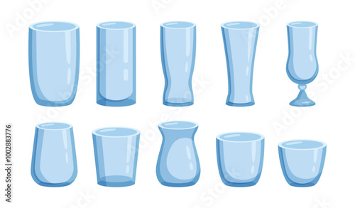 Empty cup glasses for cocktails and alcohol, coffee or tea. Vector isolated set of flat cartoon style glassware, blank drinkware for beverages in cafe, restaurant or home. Classic shiny dishware