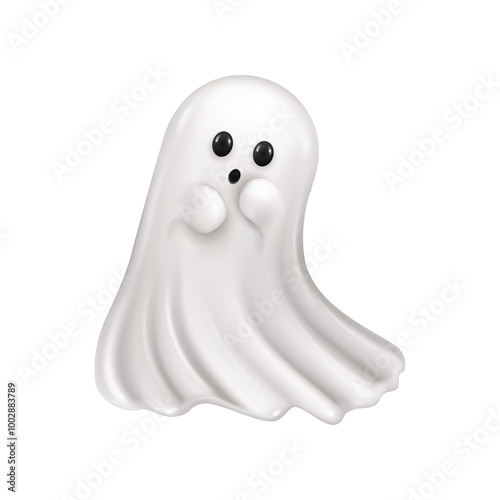 Halloween ghost spooky personage. Vector apparition or spirit from haunted house, 3D isolated character. Paranormal all hallows eve poltergeist creature with eerie facial expression