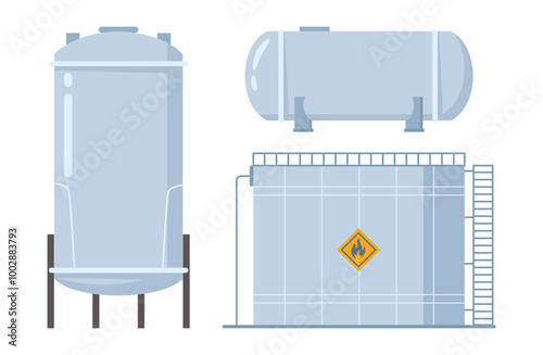 Liquefied petroleum gas reservoirs for domestic or industrial usage. Vector isolated set of containers for storage of petroleum in stations. Cylinder or tank with label of caution or danger