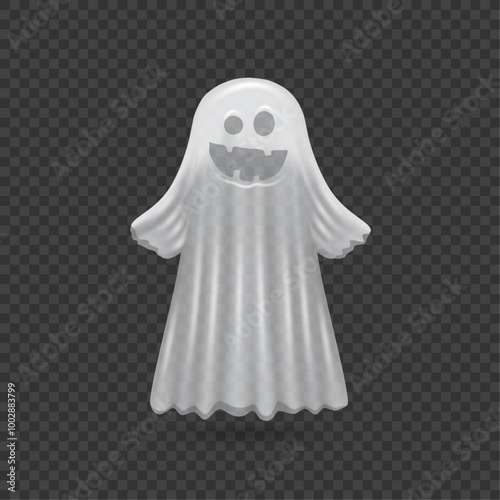 Apparition Halloween character with spooky laughter or eerie smile. Vector ghost personage, haunted house supernatural creature or decoration for holiday isolated on transparent background