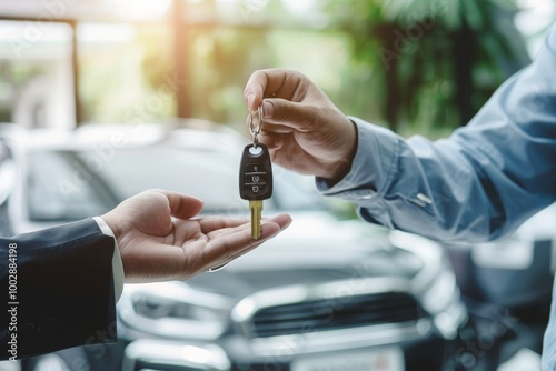 Buy second-hand auto or rent a car concept, Close-up hand of used car agent giving an auto key to client. MZ 