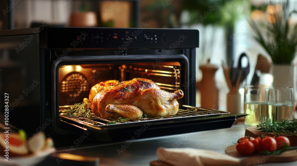 A roasted chicken inside an oven, surrounded by a kitchen setting.