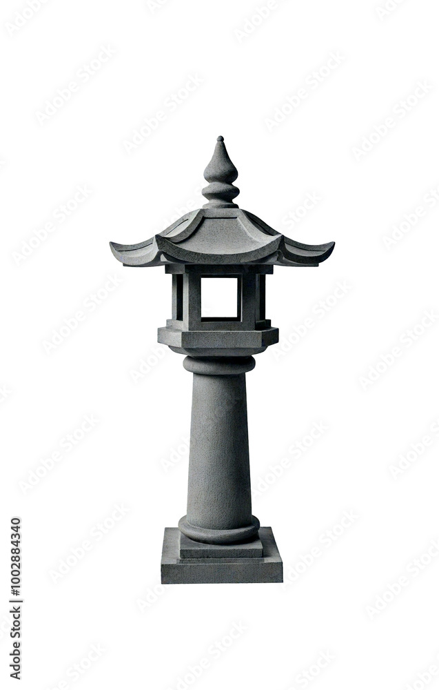 Tall and slender stone lantern with detailed roof lines. Transparent background Tall and slender stone lantern with detailed roof lines. Transparent background