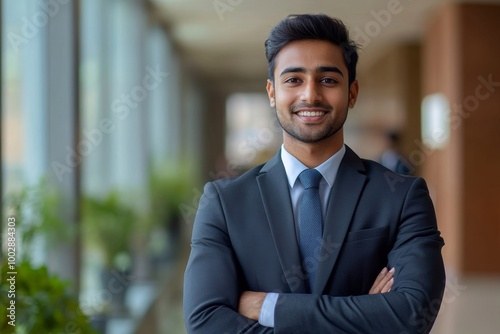 Happy indian business man in suit in modern office, Generative AI