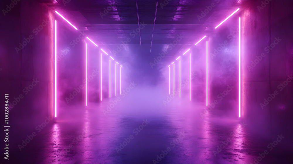 Purple Neon Lights in a Foggy Hallway 3D Illustration Purple Neon Lights in a Foggy Hallway 3D Illustration