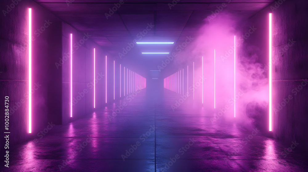 Futuristic Neon Corridor with Purple and Blue Lights 3D Illustration Futuristic Neon Corridor with Purple and Blue Lights 3D Illustration