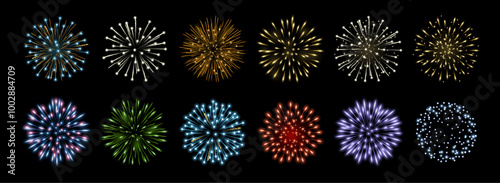 Sparkling multicolor firecrackers, light illuminated fireworks, anniversary celebration explodes on black sky background. Vector carnival explosion bursts, sparkling festive firecrackers