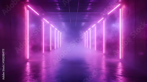 Purple Neon Lights in a Foggy Hallway 3D Illustration